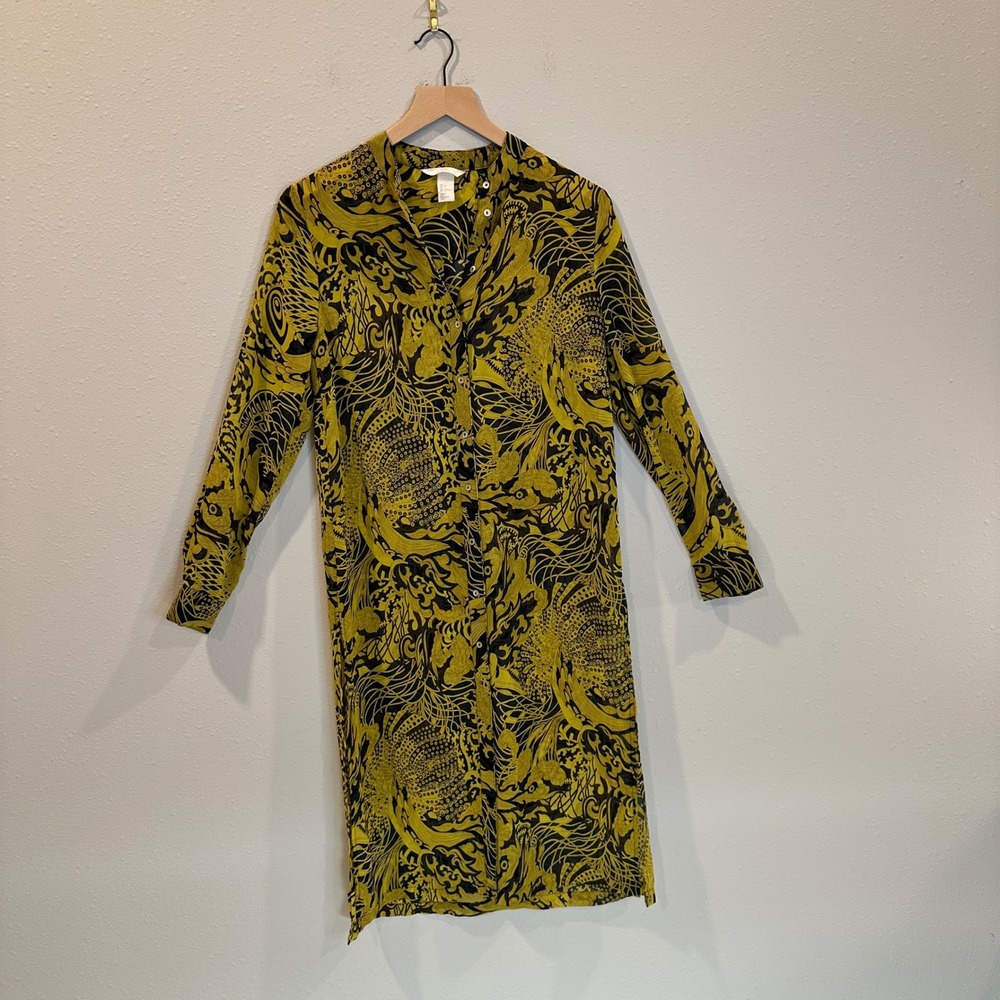 H&M Shirt Dress Women 4 Yellow Black Dragon Graphic Print Boho Sheer Lightweight - Picture 2 of 12